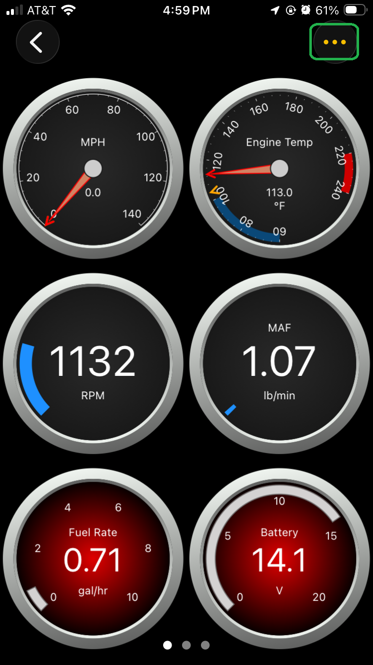 iOS Dashboard screen with 3 dots menu button highlighted.