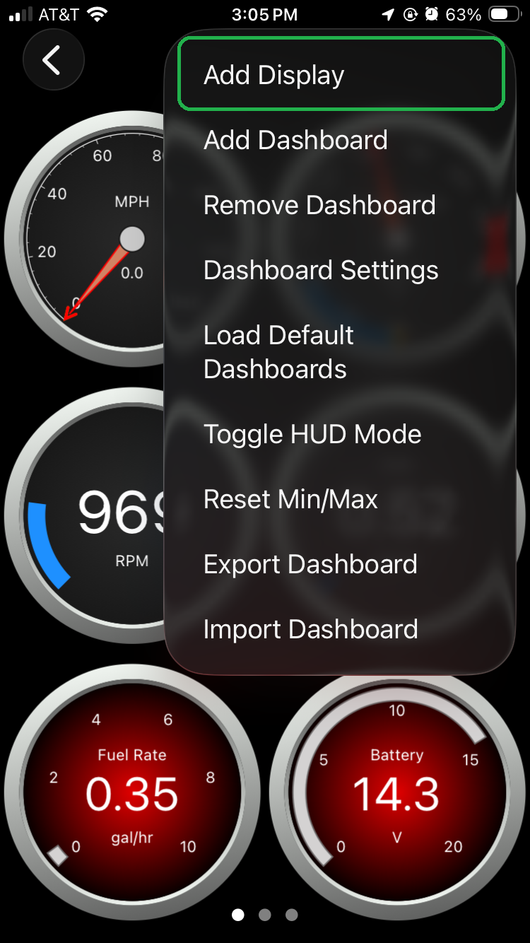 iOS Dashboard screen with Add Display option highlighted.