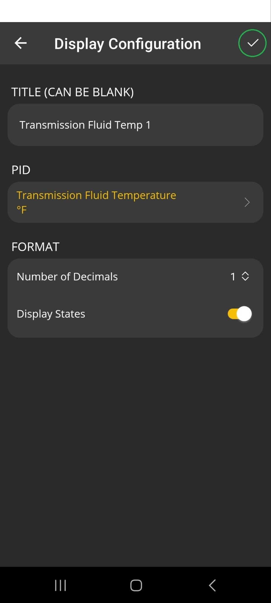 Android screen showing the Display Configuration screen. The checkmark in the upper right corner is highlighted.
