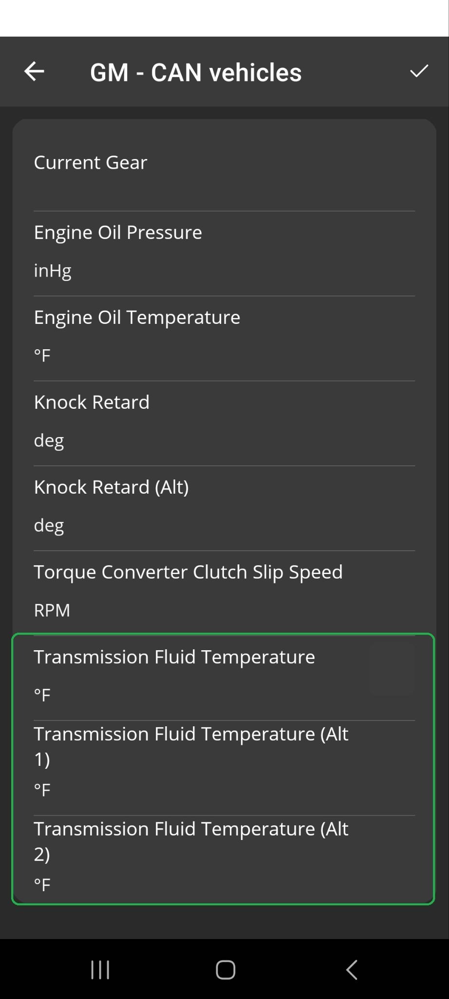 Android screen showing a list of GM - CAN vehicle PIDs. Three items with "Transmission Fluid Temperature" in the title are highlighted.