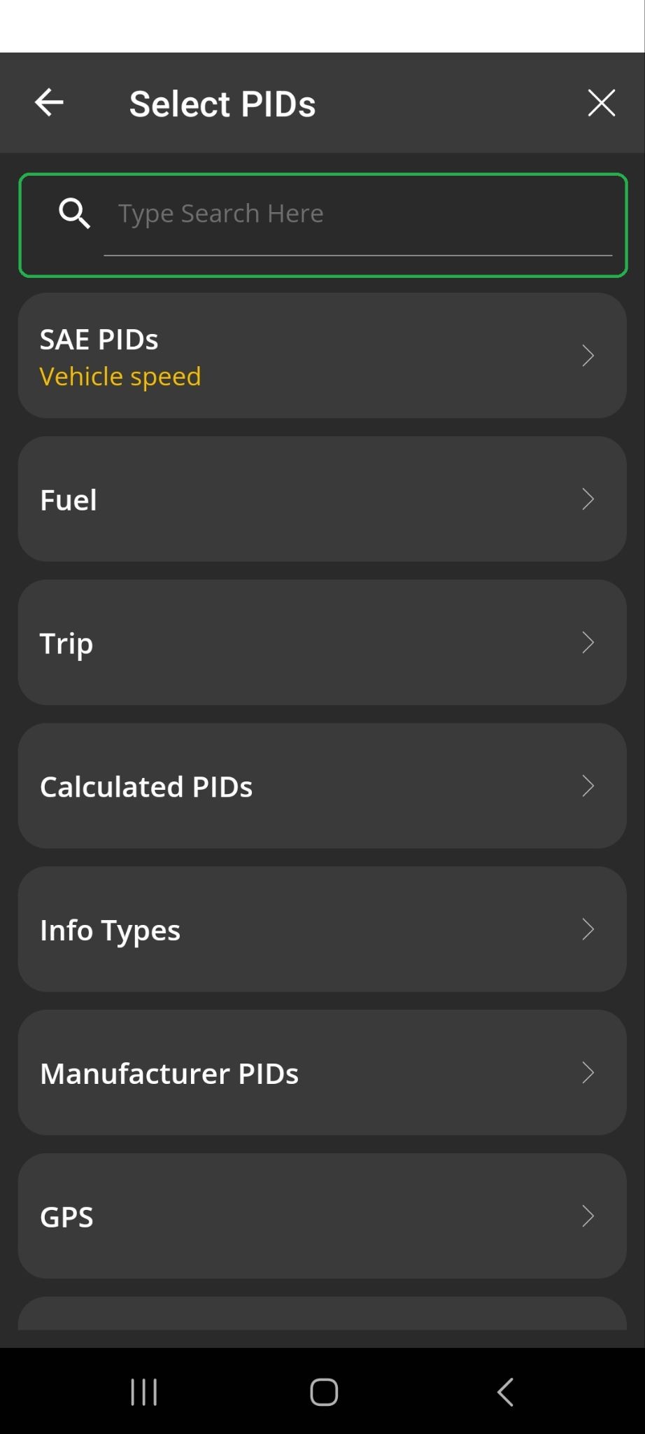 Android screen showing the Select PIDs menu. The Search field is highlighted.