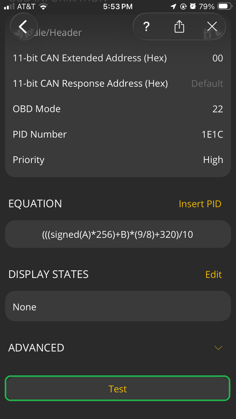 iOS screen showing the User-Defined PID Editor screen. The Test button is highlighted.