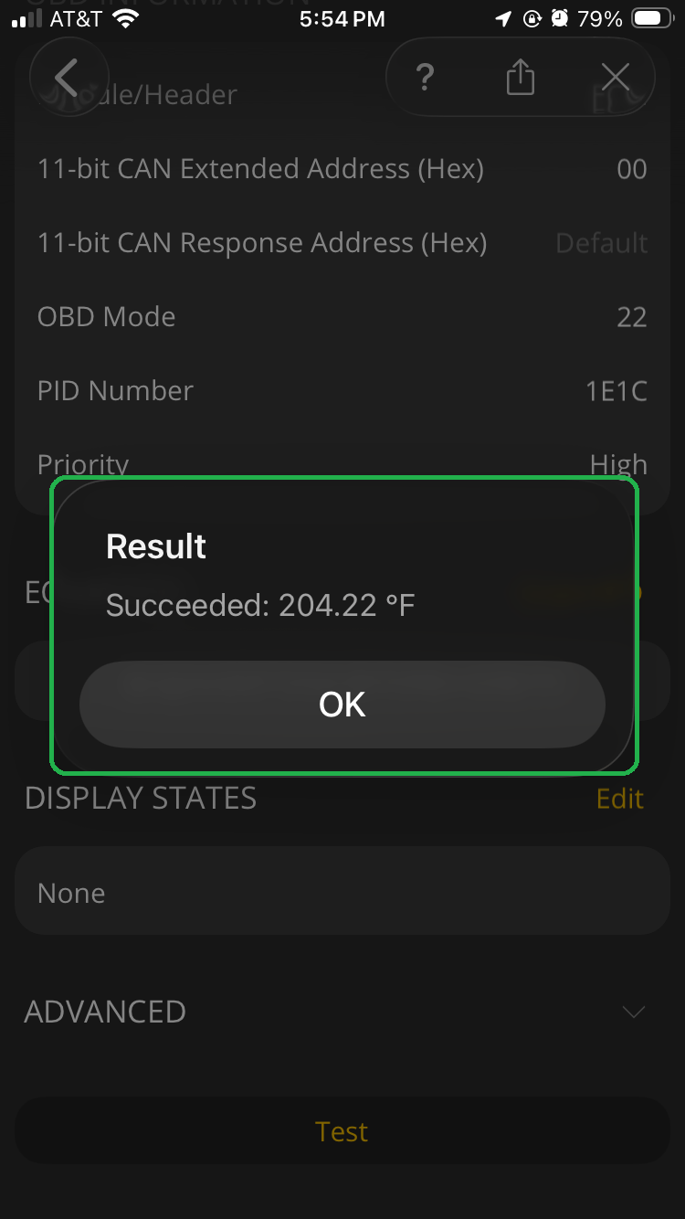 iOS screen showing the User-Defined PIDs screen. A Result message showing "Succeeded" is displayed.