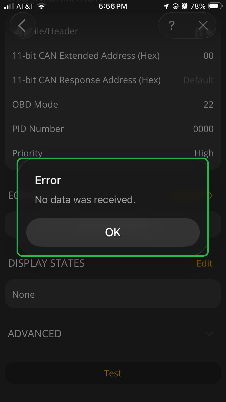 iOS screen showing the User-Defined PIDs screen. A Result message showing "No data was received" is displayed.