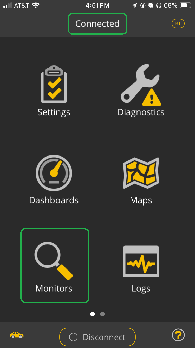 iOS screen with Connected and the Monitors icon both highlighted.