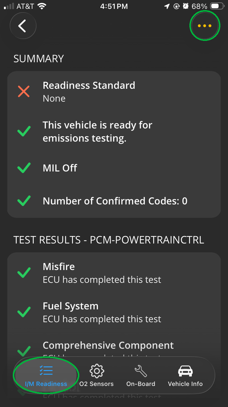iOS Monitors screen showing the I/M Readiness tab. The tab name and Menu button are both highlighted.