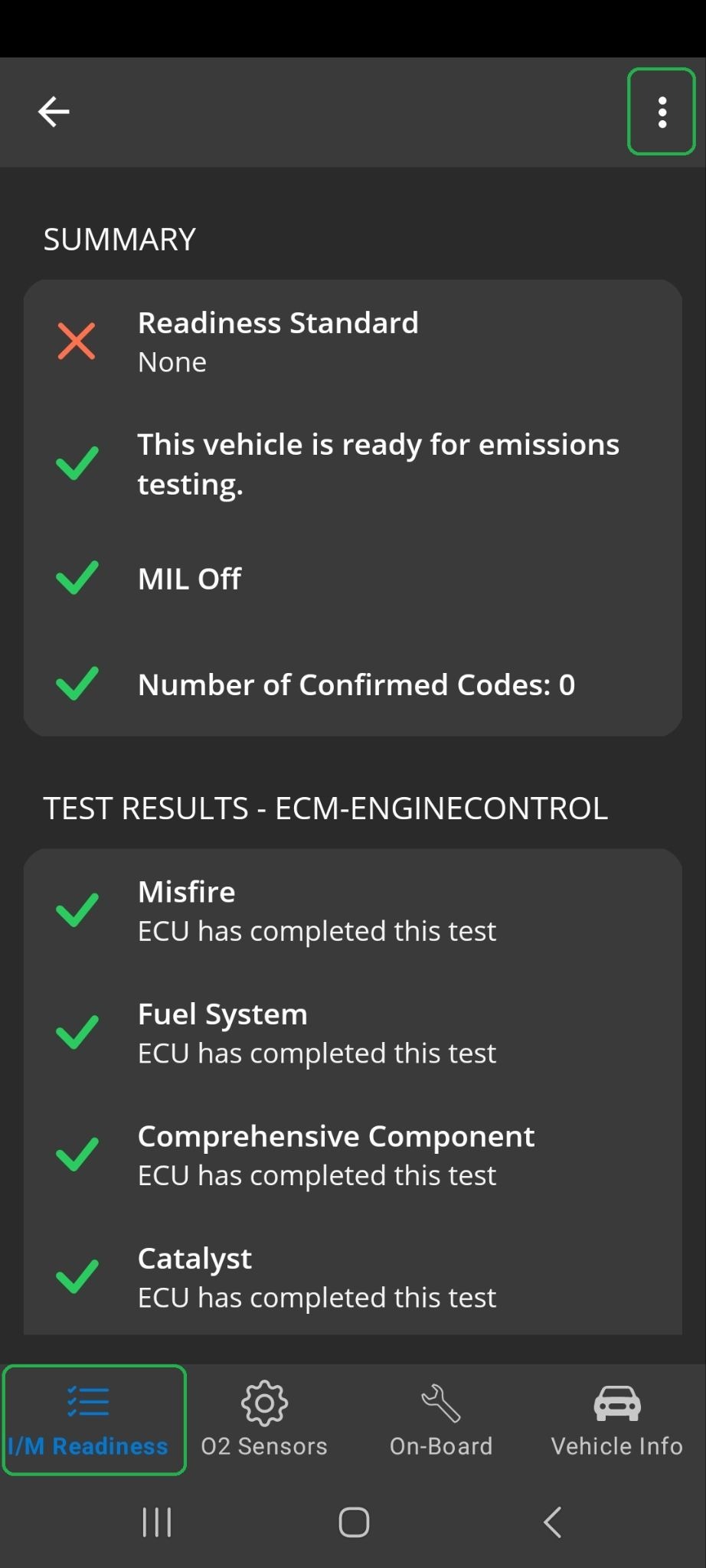 Android Monitors screen showing the I/M Readiness tab. The tab name and Menu button are both highlighted.
