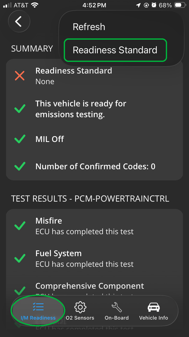 iOS Monitors screen showing the I/M Readiness tab Menu options. The "Readiness Standard" option is highlighted.