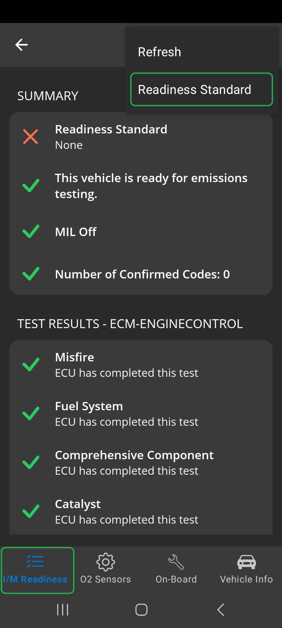 Android Monitors screen showing the I/M Readiness tab Menu options. The "Readiness Standard" option is highlighted.