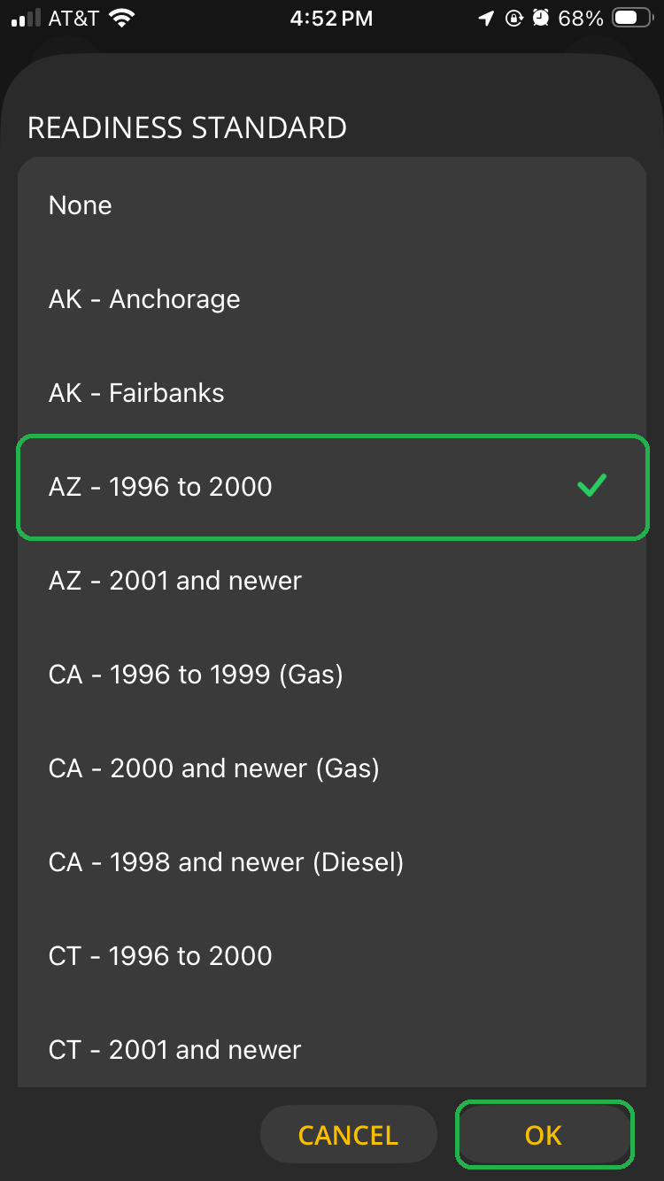 iOS Readiness Standard screen showing a list of states.The option "Arizona 1996 to 2000" is highlighted. The OK button is also highlighted.