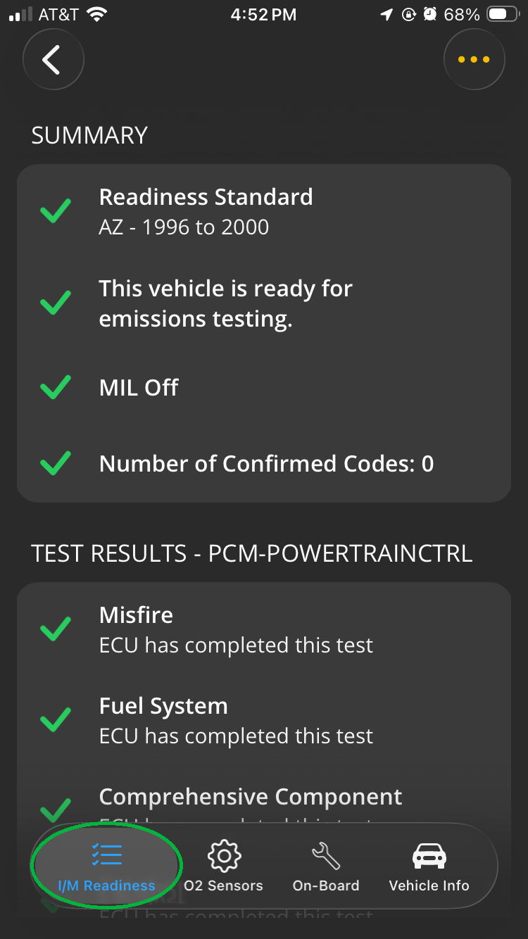 iOS I/M Readiness screen showing monitor test results. The tab name is highlighted.