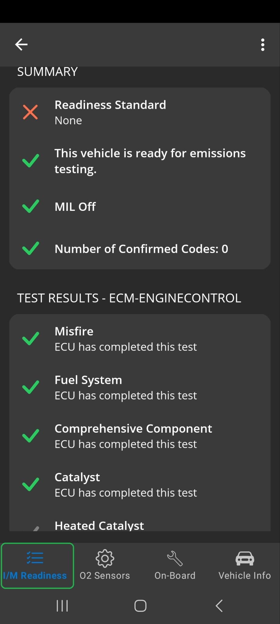 Android I/M Readiness screen showing monitor test results. The tab name is highlighted.