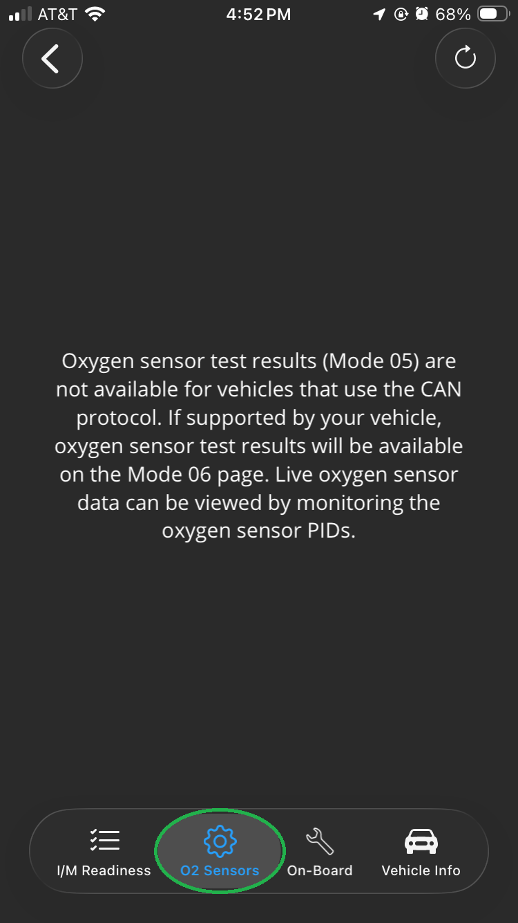 iOS Monitors screen showing the O2 Sensors tab. The tab name is highlighted.