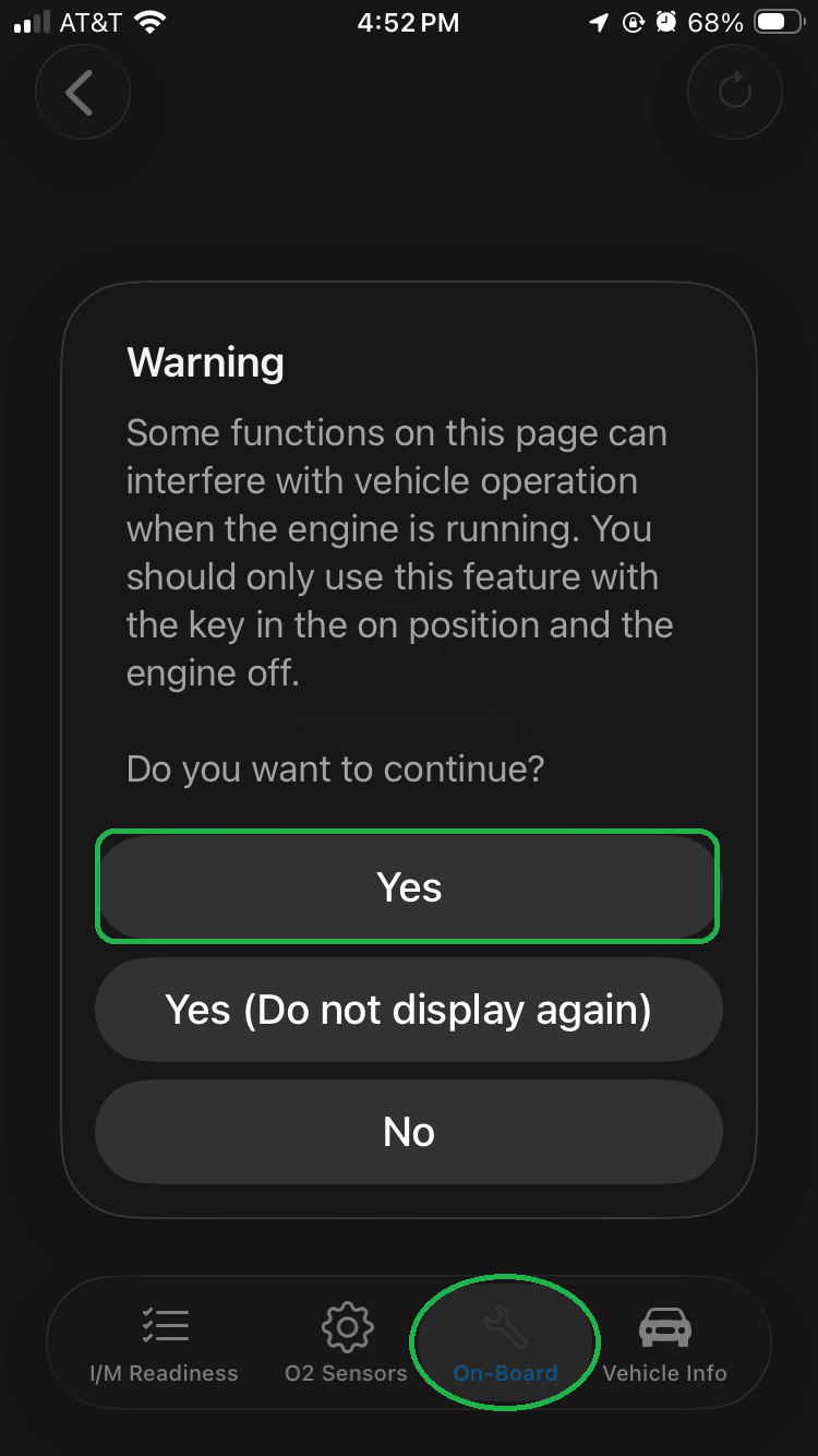 iOS Monitors screen with the On-Board tab highlighted. A warning message is displayed. The Yes button is also highlighted.
