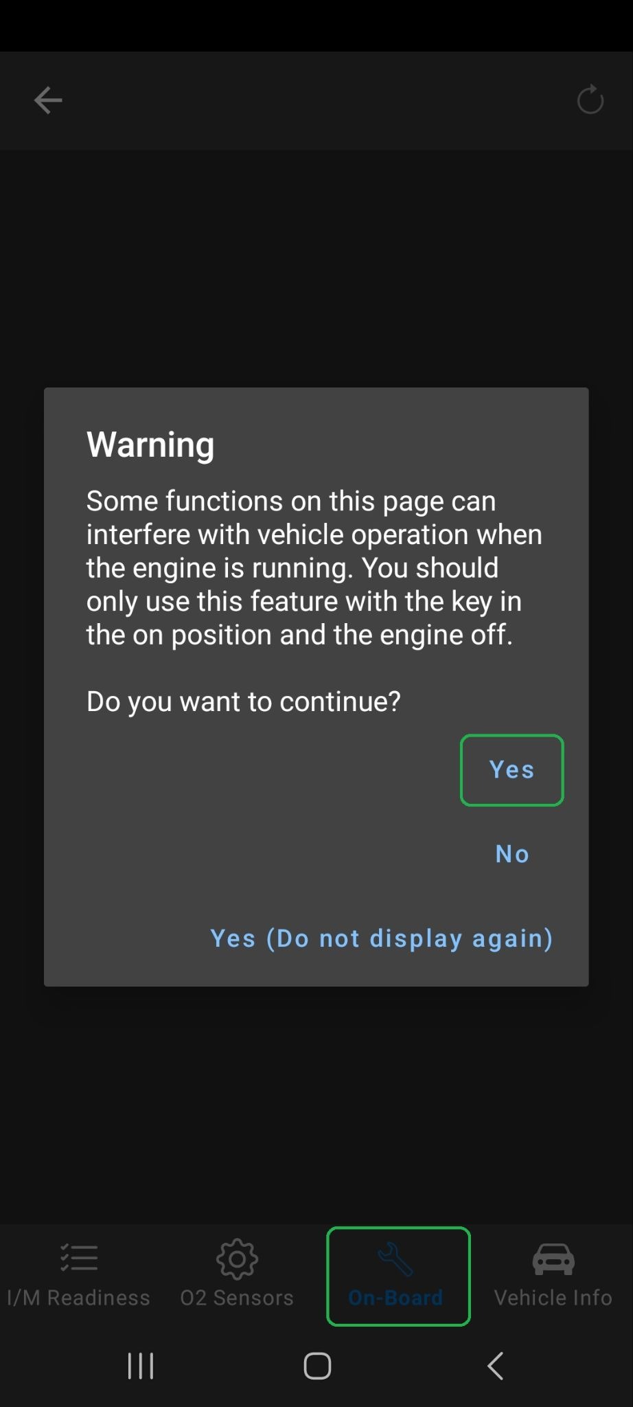 Android Monitors screen with the On-Board tab highlighted. A warning message is displayed. The Yes button is also highlighted.
