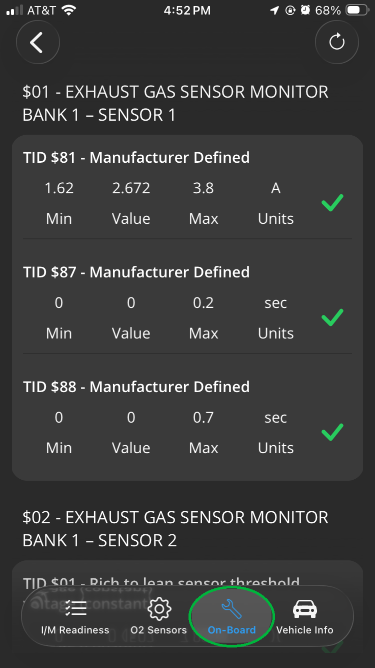 iOS On-Board tab showing sensor data. The tab name is highlighted.