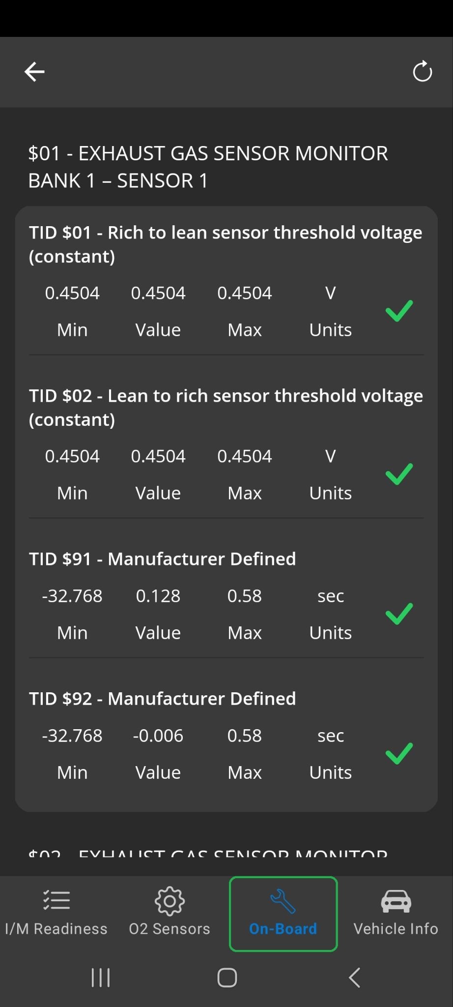 Android On-Board tab showing sensor data. The tab name is highlighted.