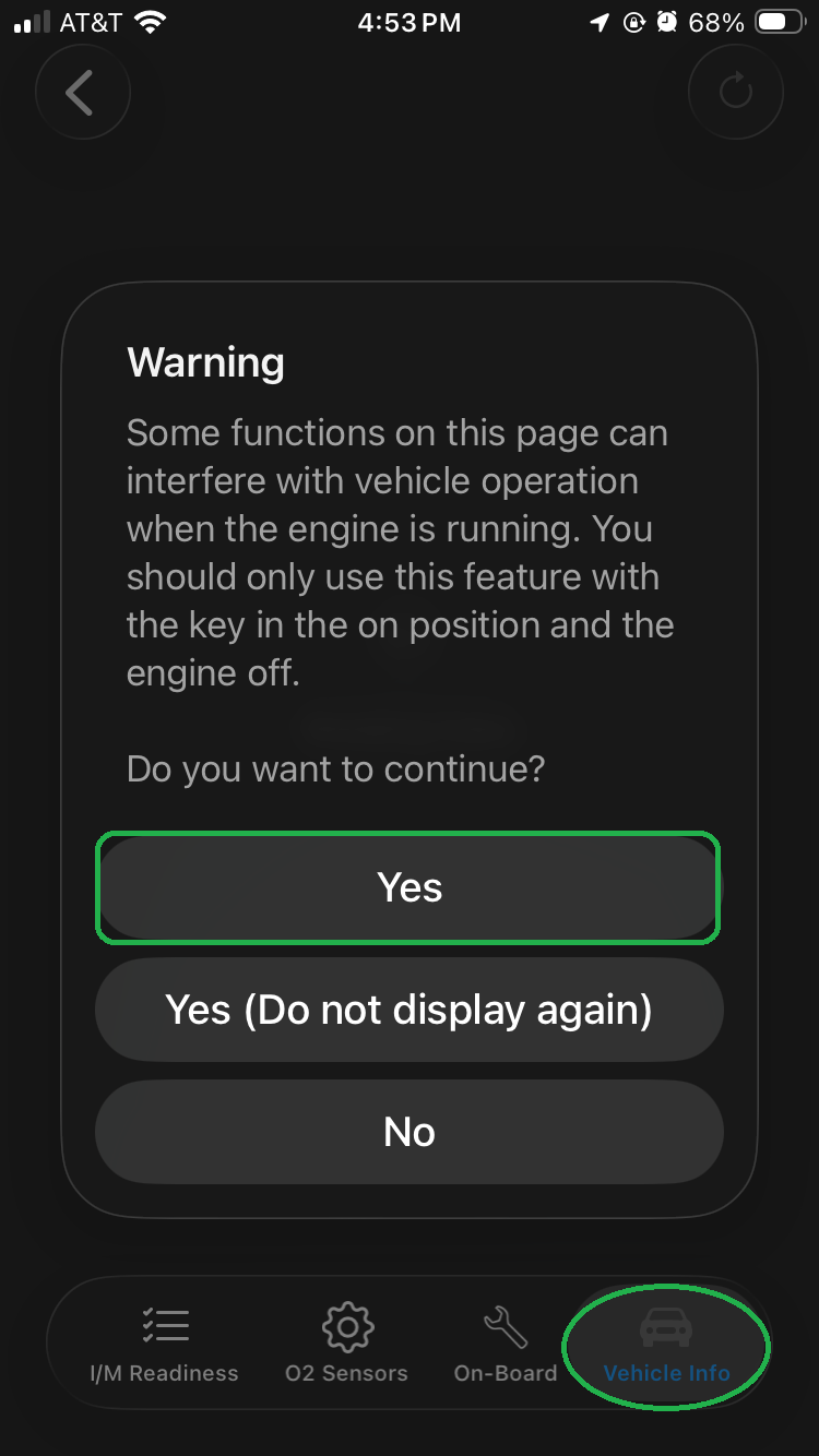 iOS Monitors screen with the Vehicle Info tab highlighted. A warning message is displayed. The Yes button is also highlighted.