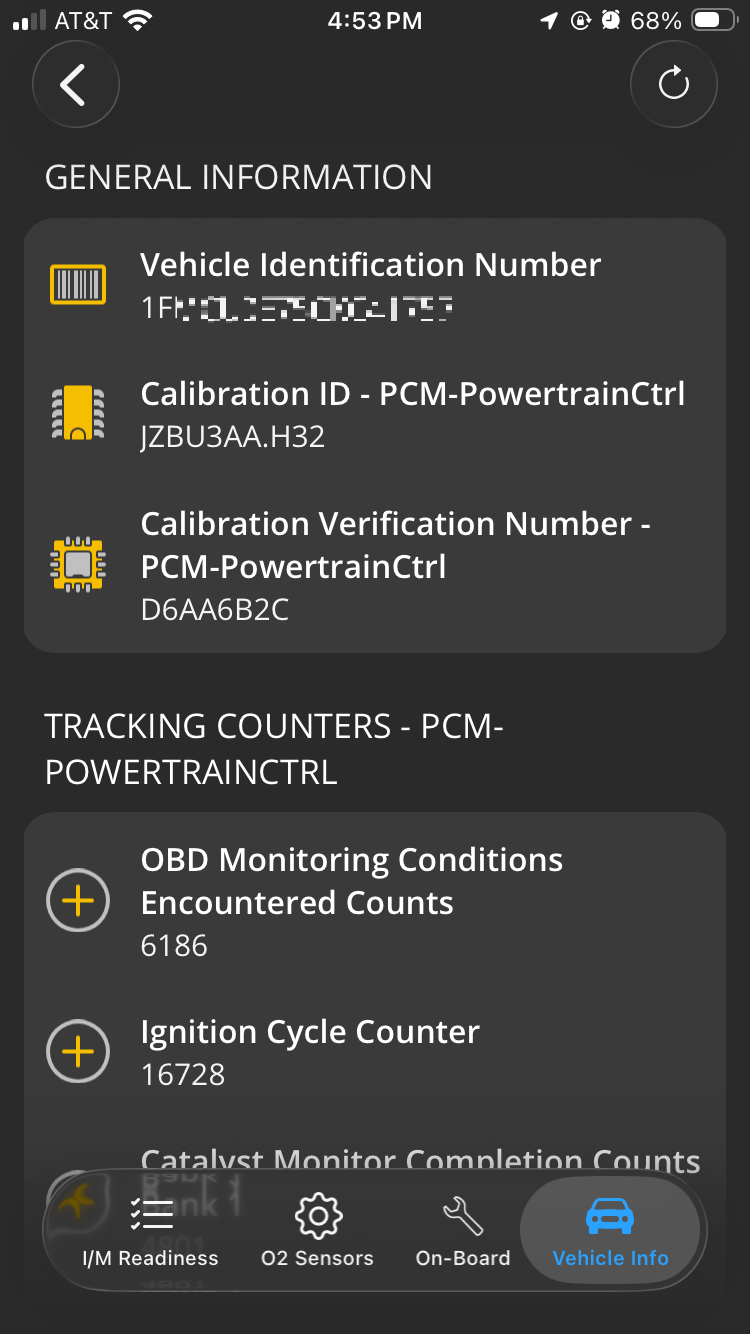 iOS Monitors screen with the Vehicle Info tab highlighted. Vehicle information is displayed.
