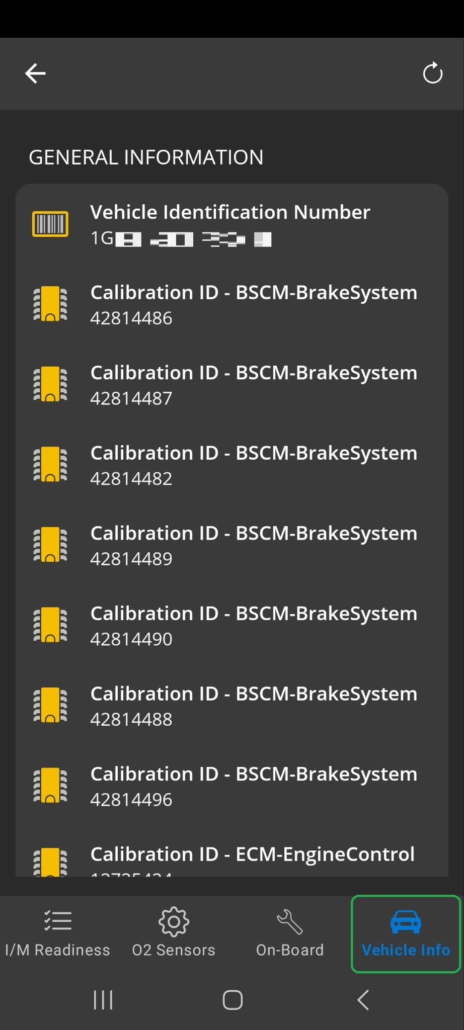 Android Monitors screen with the Vehicle Info tab highlighted. Vehicle information is displayed.