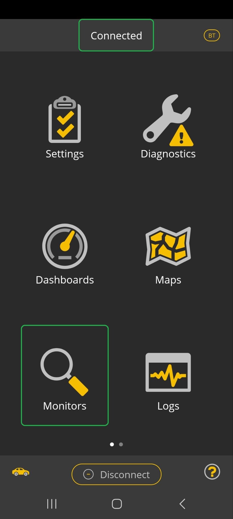 Android screen with Connected and the Monitors icon both highlighted.