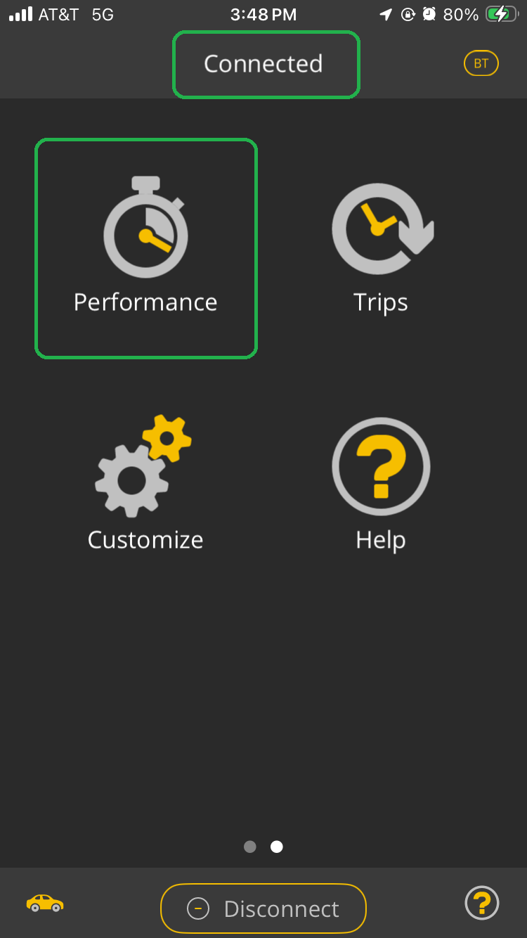 iOS App second page. The Performance icon and Connected are both highlighted.
