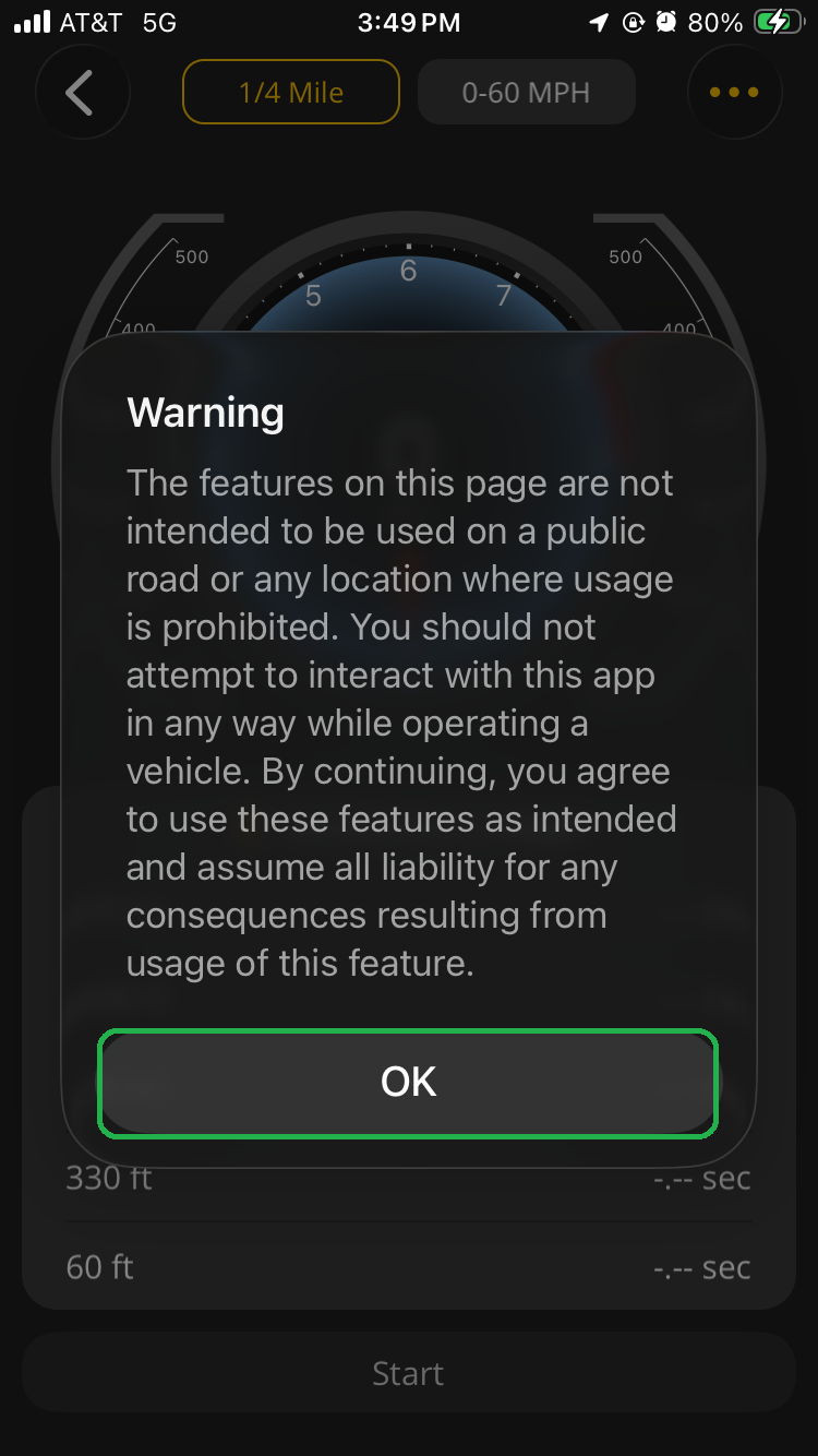 iOS Performance screen showing warning message. The OK button is highlighted.