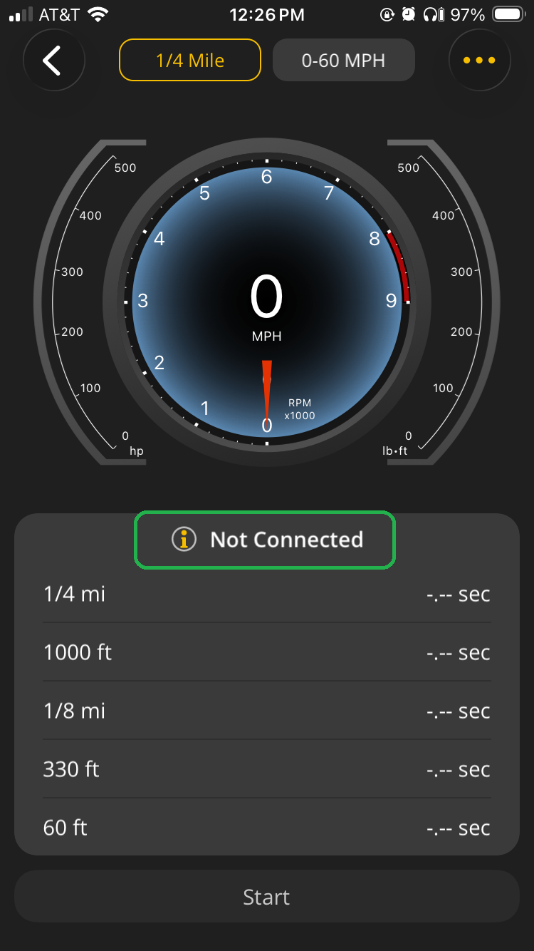 iOS Performance screen showing the quarter-mile test. The indicator for "Not Connected" is highlighted.