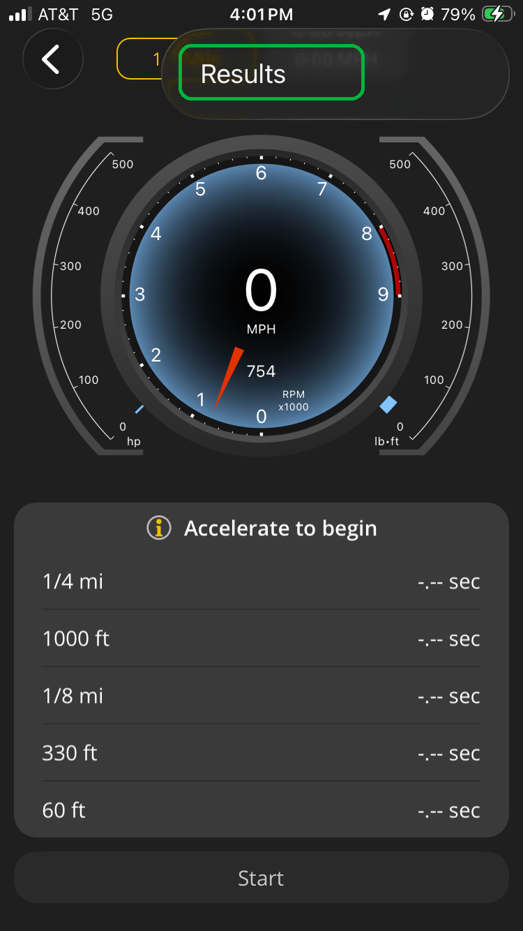 iOS Performance screen showing the quarter-mile tab menu option list. The Results option is highlighted.