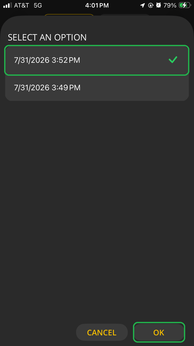 iOS Performance screen showing a list of test results. One option is highlighted. The OK button is also highlighted.