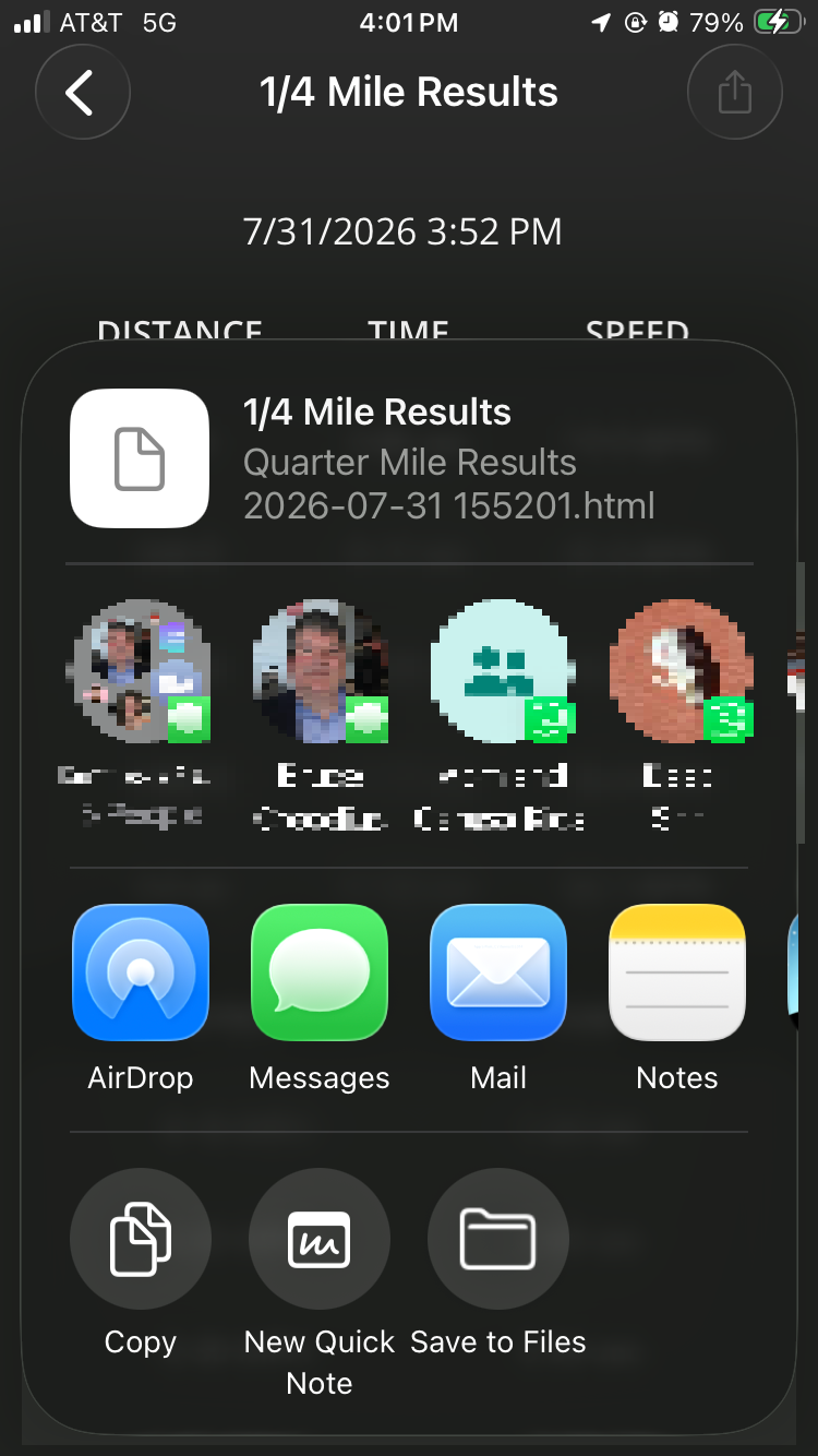 iOS screen showing different ways to share the quarter-mile performance HTML file.