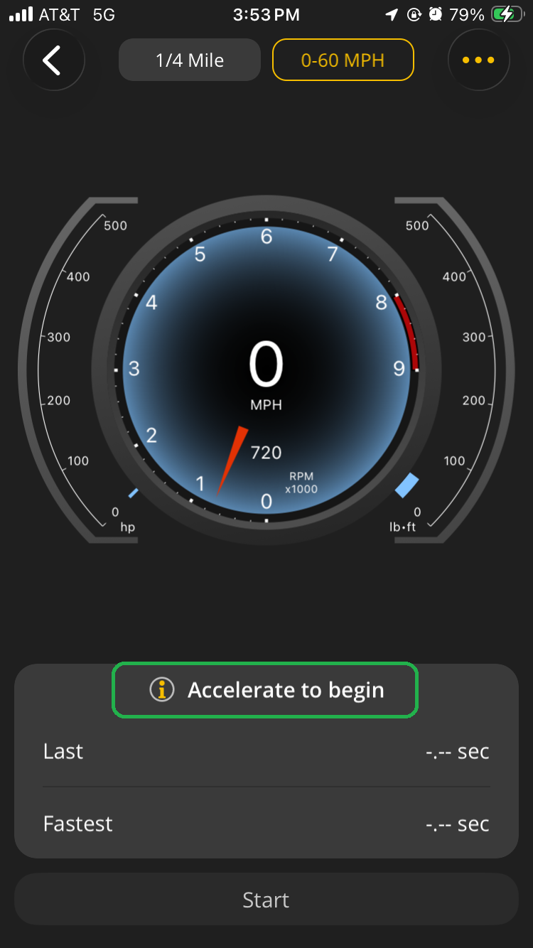 iOS Performance screen showing the 0 to 60 MPH test view. The message "Accelerate to begin" is highlighted.