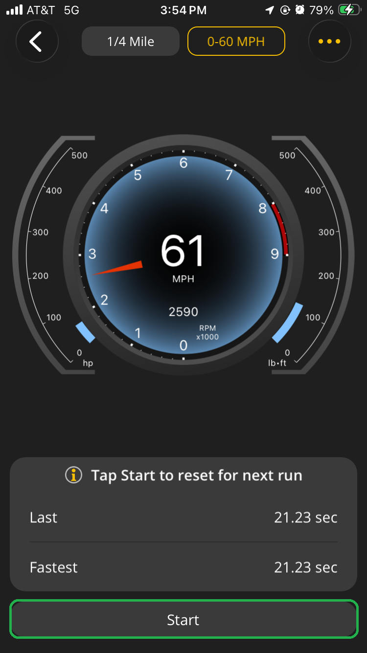 iOS Performance screen showing the results of the 0 to 60 mile per hour test. The Start button is highlighted.