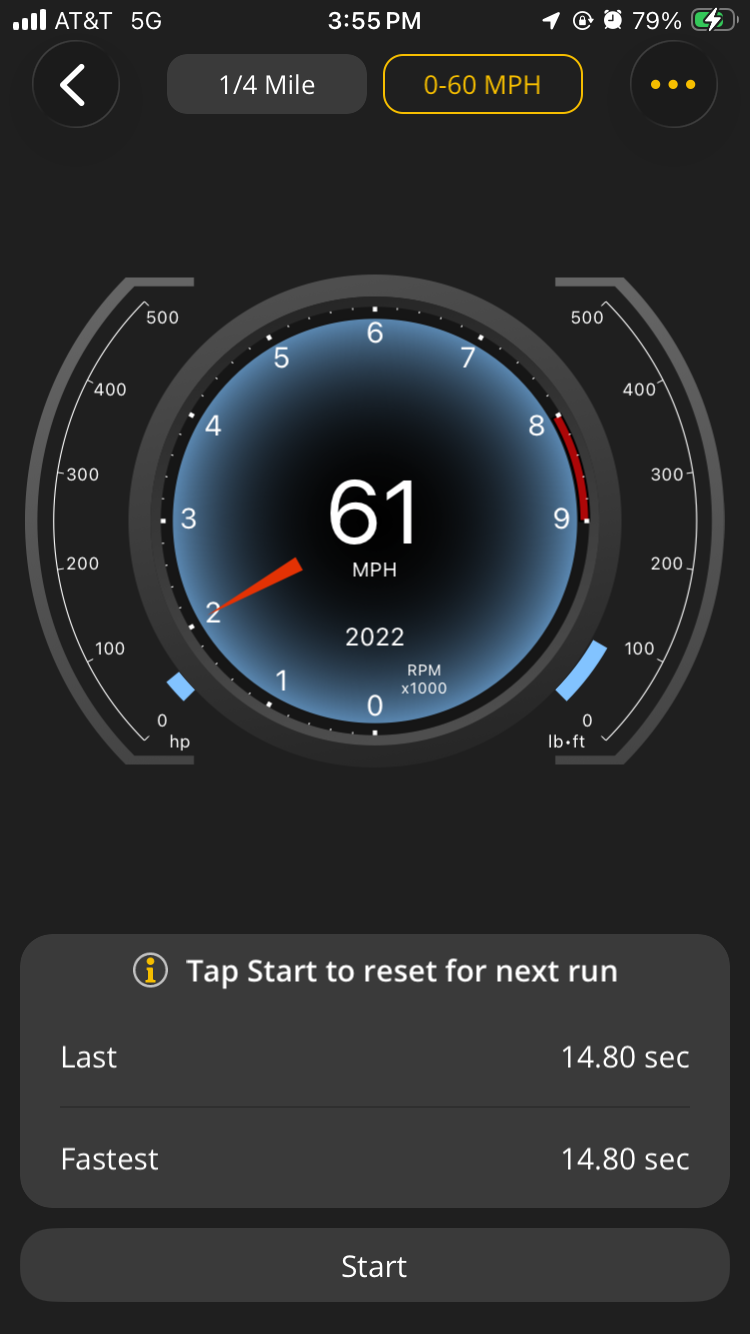 iOS Performance screen showing the results of the 0 to 60 mile per hour test.