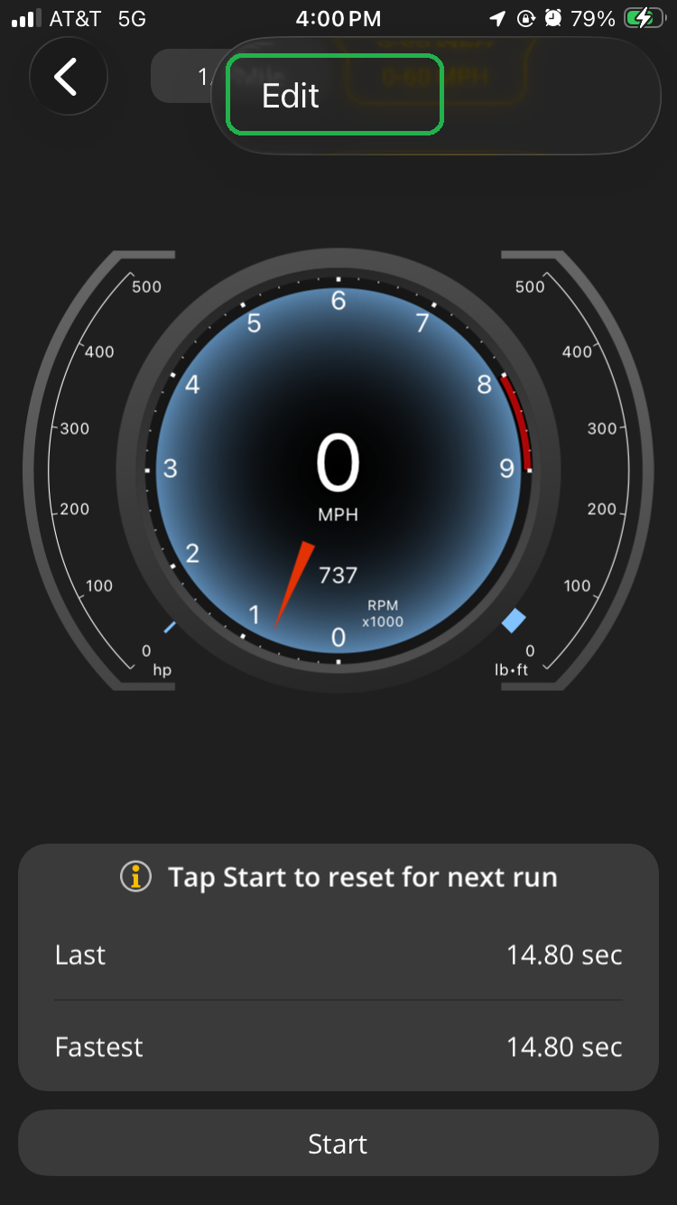 iOS Performance screen showing the 0 to 60 mph tab menu option list. The Edit option is highlighted.