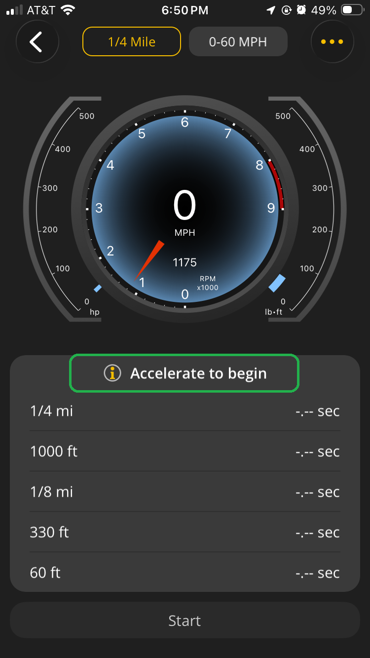 iOS Performance screen showing the quarter-mile test view. The results table is empty. The message "Accelerate to begin" is highlighted.