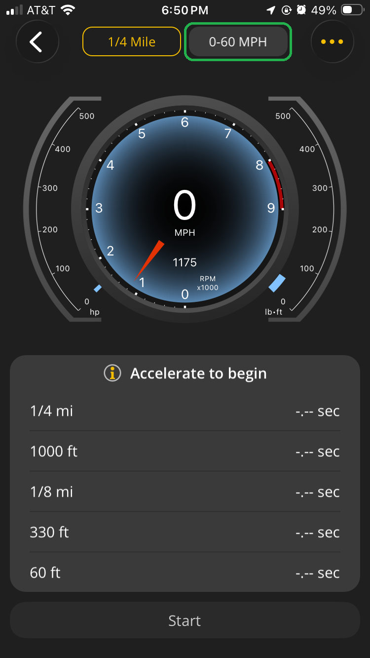 iOS Performance screen showing the quarter-mile test view. The 0 to 60 MPH button is highlighted.