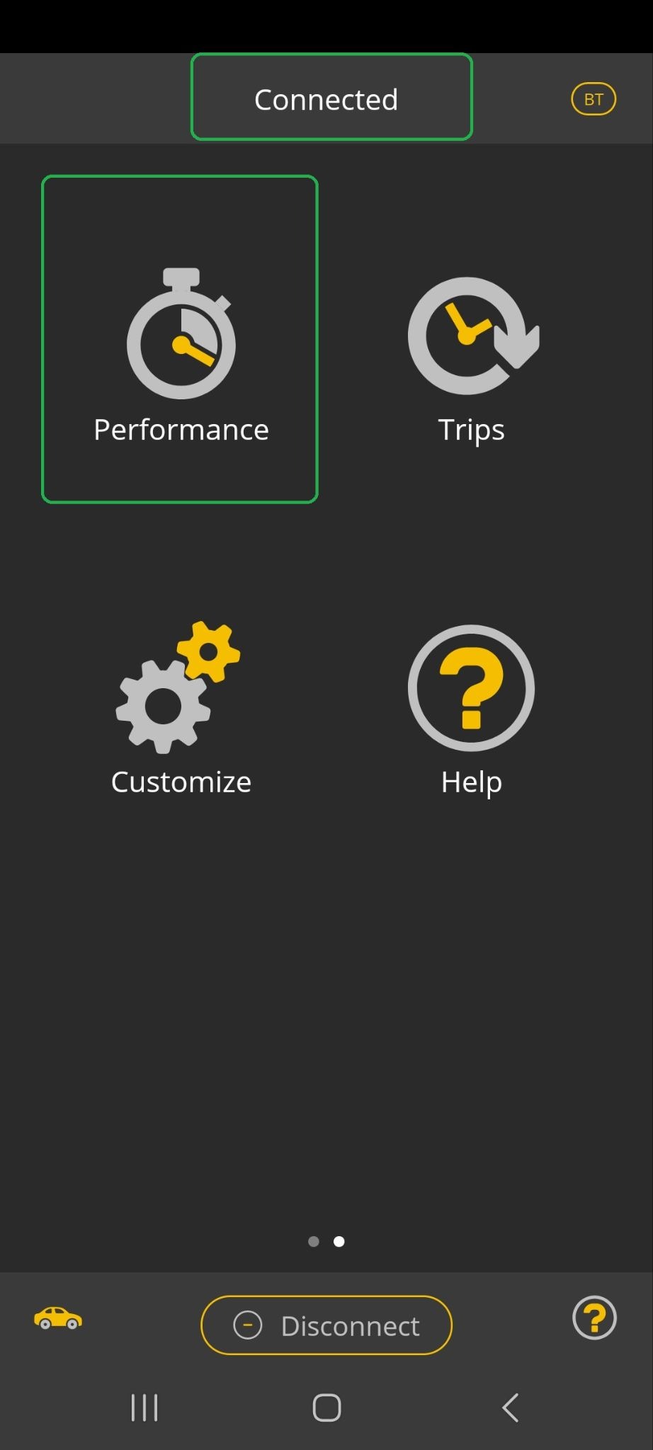 Android App second page. The Performance icon and Connected are both highlighted.