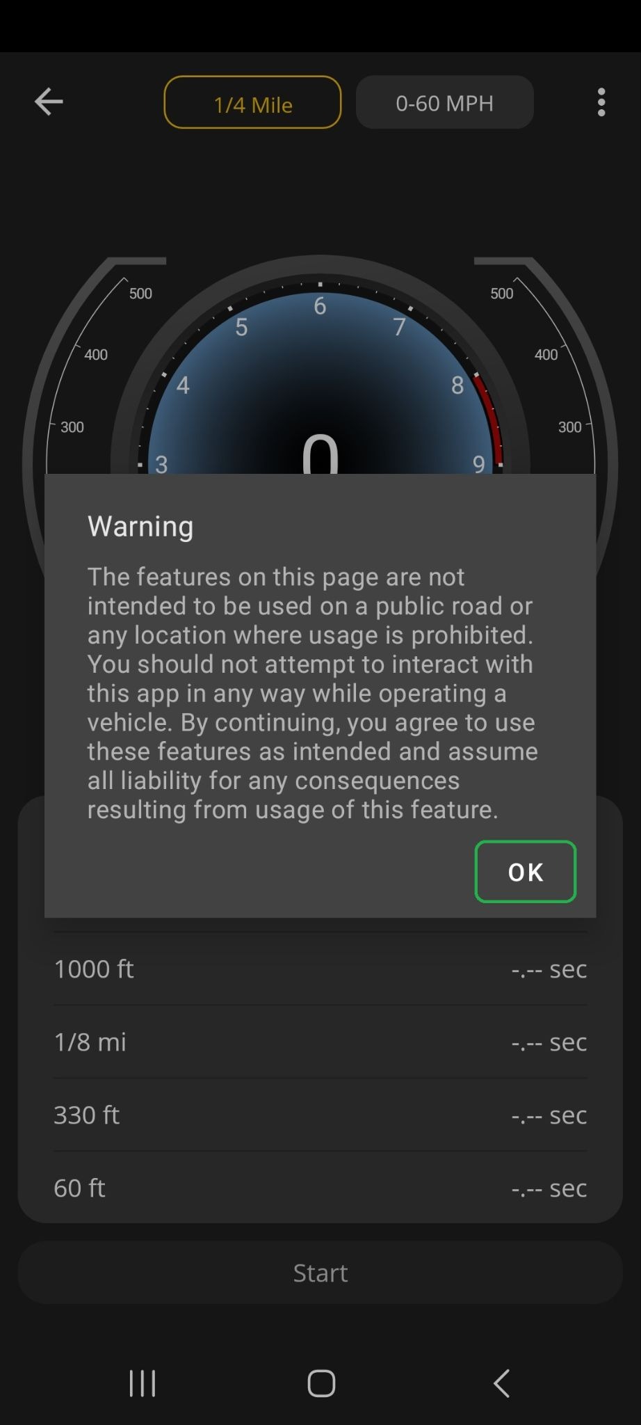 Android Performance screen showing warning message. The OK button is highlighted.