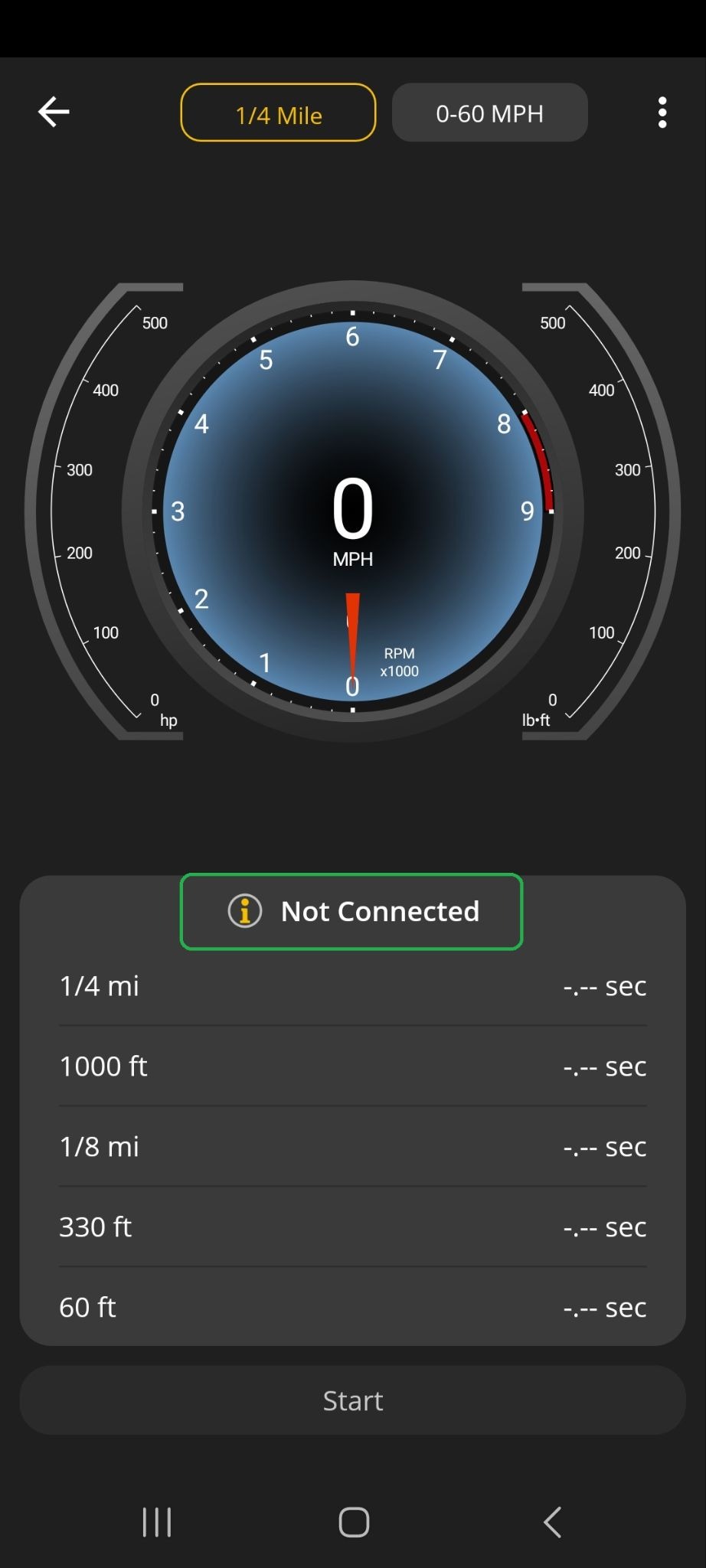Android Performance screen showing the quarter-mile test. The indicator for "Not Connected" is highlighted.