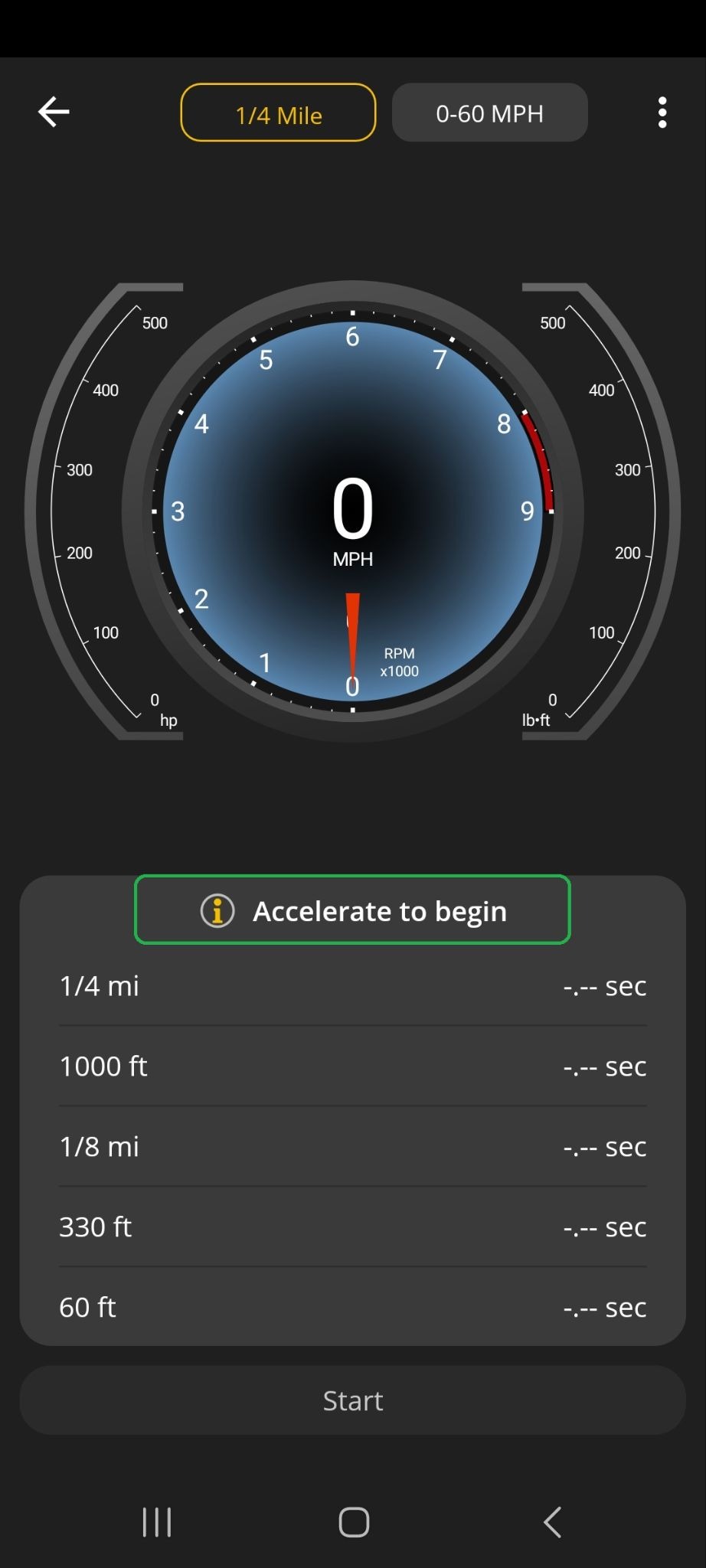 Android Performance screen showing the quarter-mile test view. The results table is empty. The message "Accelerate to begin" is highlighted.
