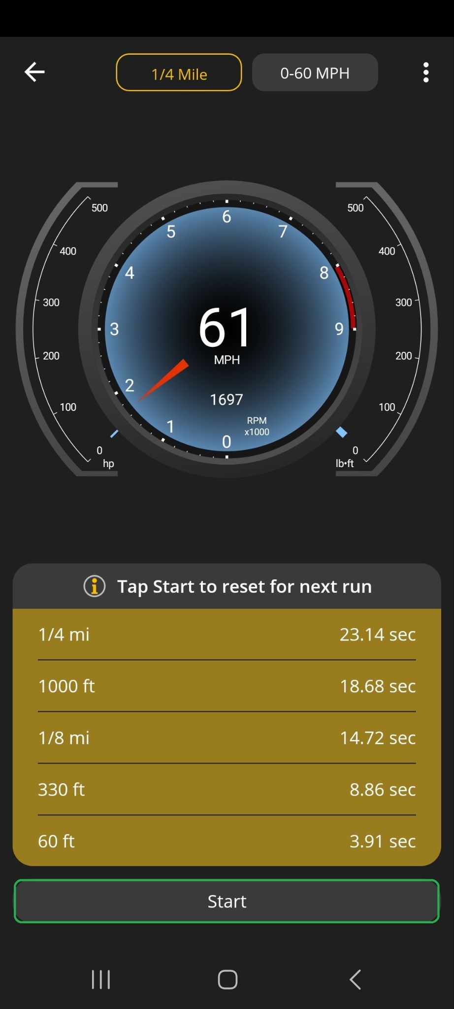 Android Performance screen showing quarter-mile results data. The Start button is highlighted.