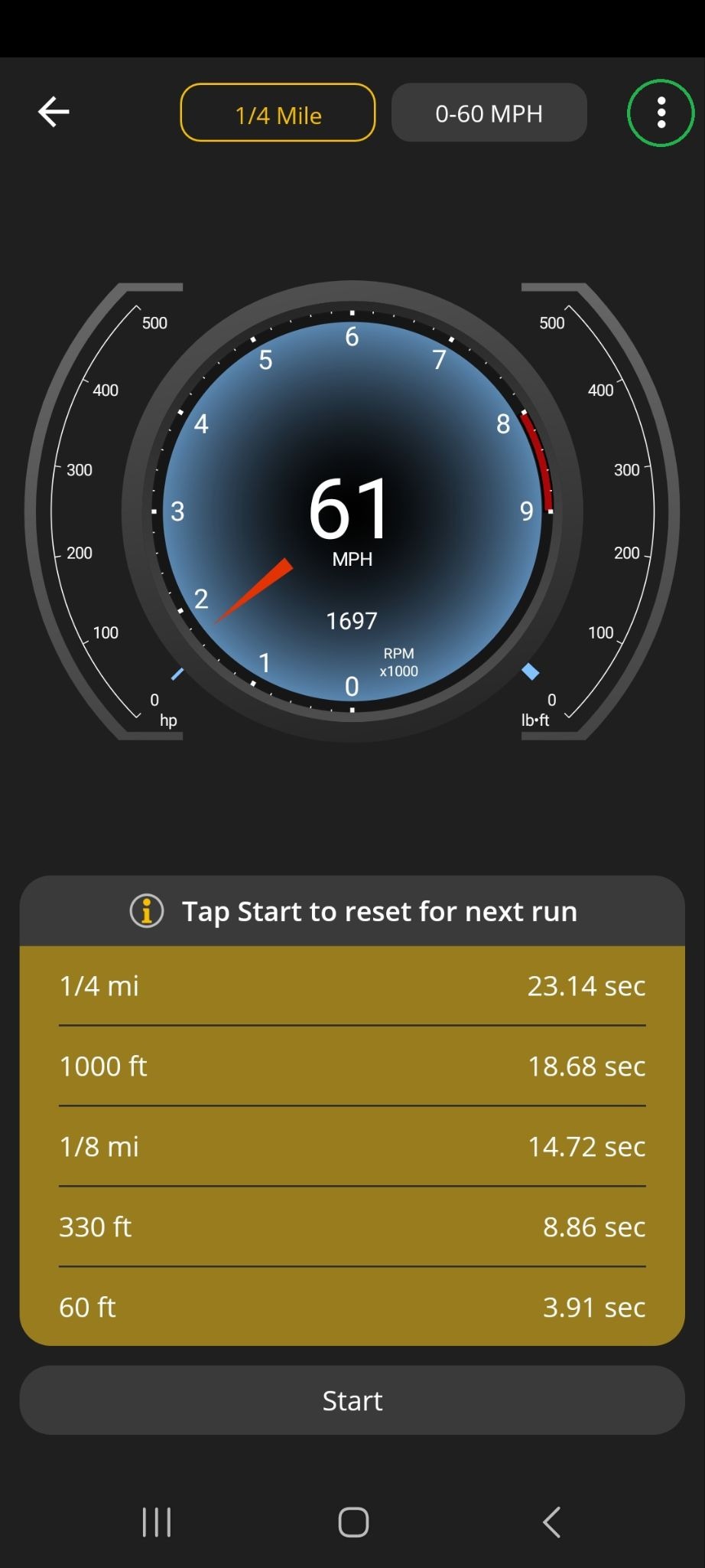 Android Performance screen with the 3 dots menu button highlighted.
