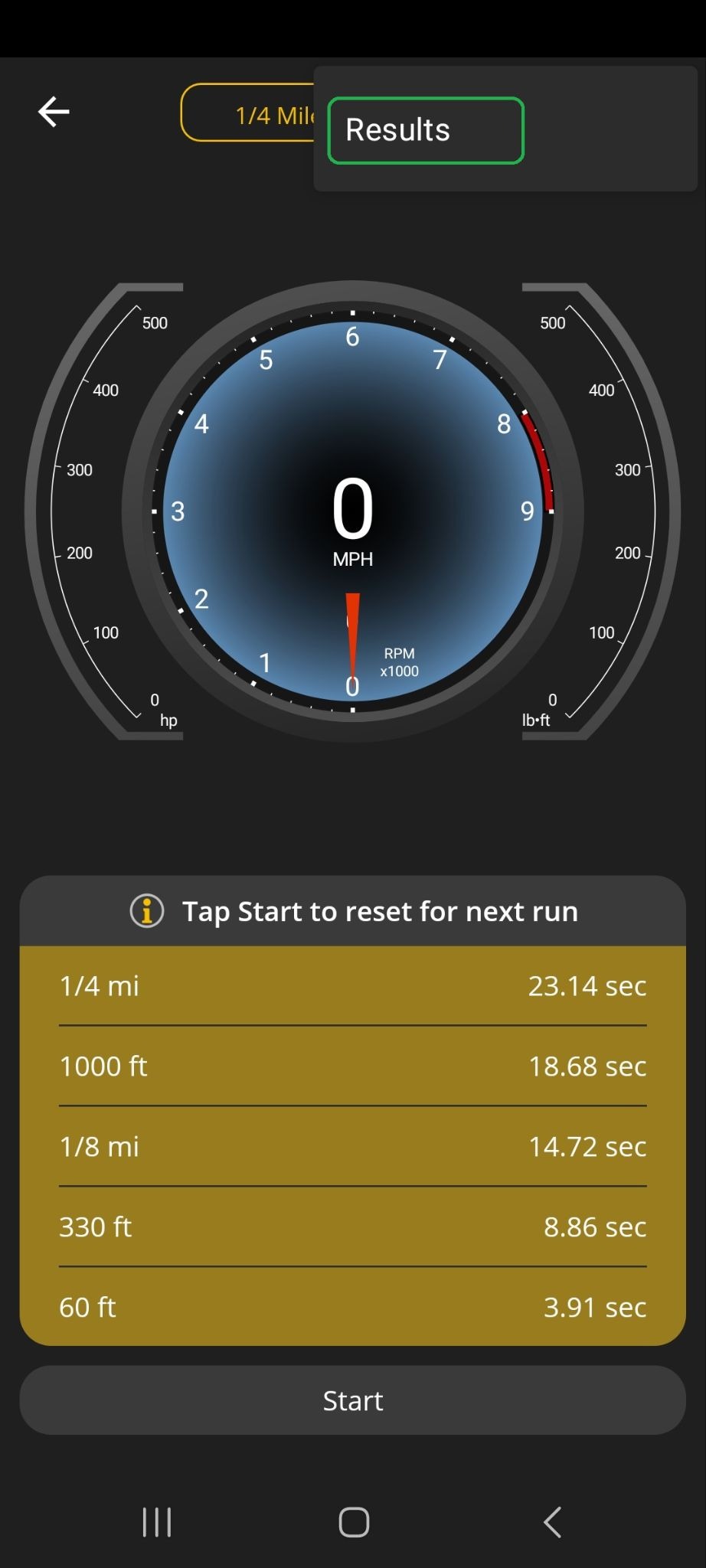 Android Performance screen showing the quarter-mile tab menu option list. The Results option is highlighted.