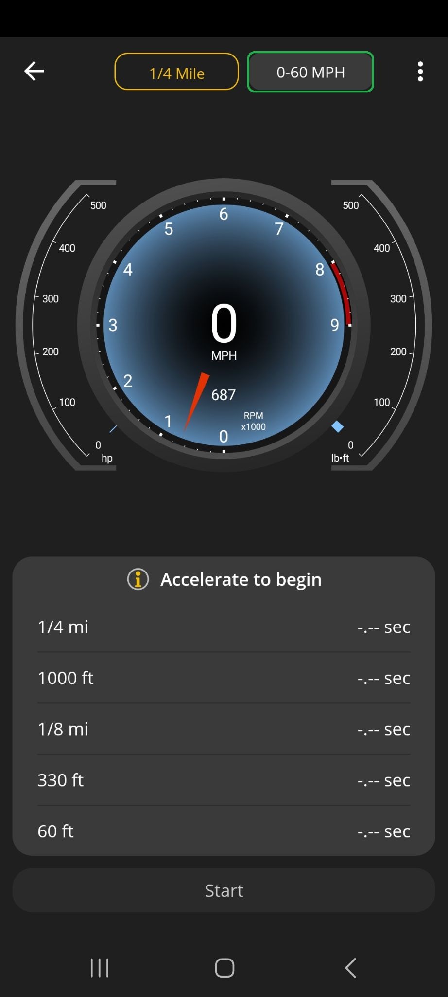 Android Performance screen showing the quarter-mile test view. The 0 to 60 MPH button is highlighted.