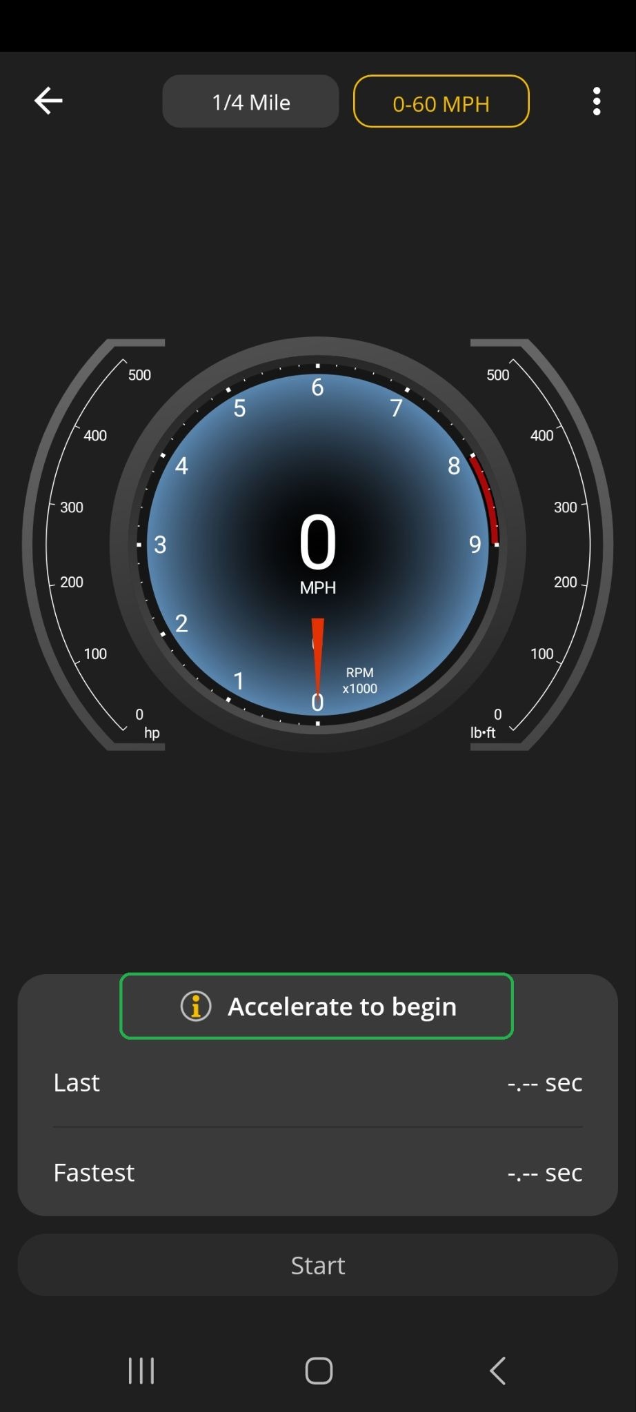 Android Performance screen showing the 0 to 60 MPH test view. The message "Accelerate to begin" is highlighted.