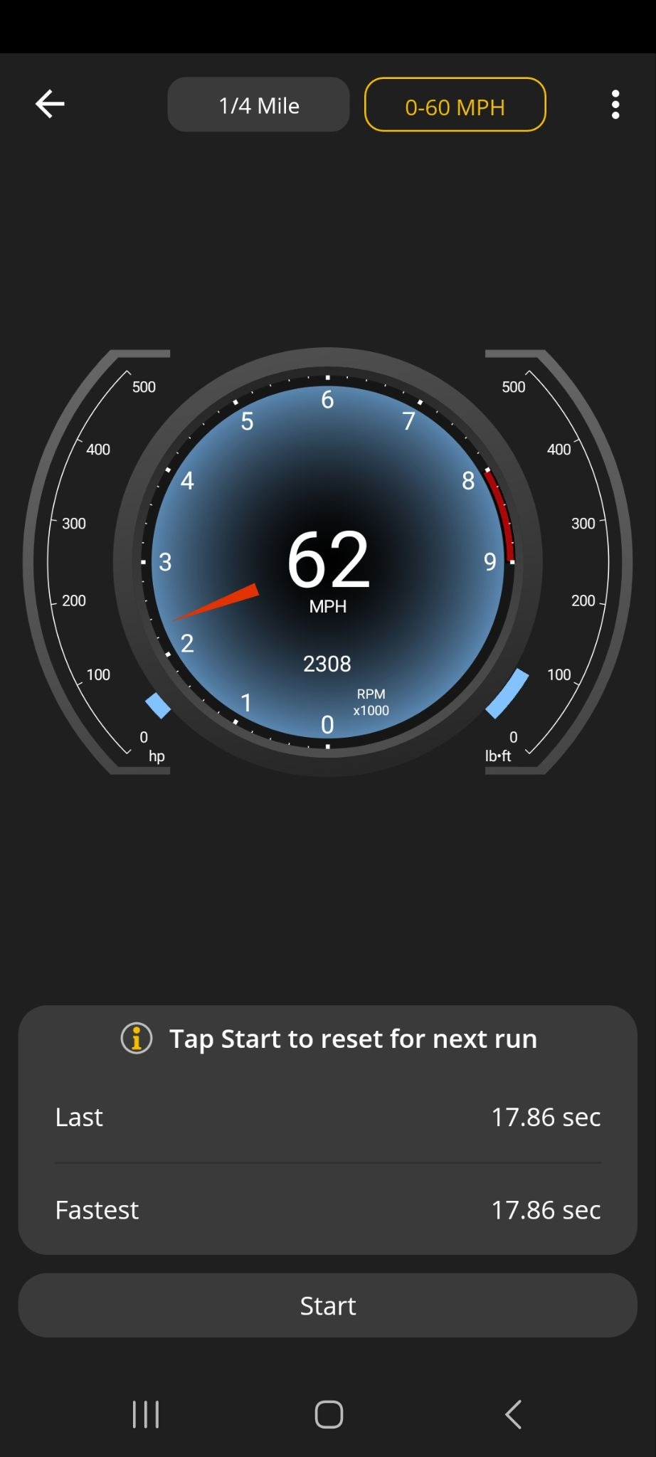 Android Performance screen showing the results of the 0 to 60 mile per hour test.