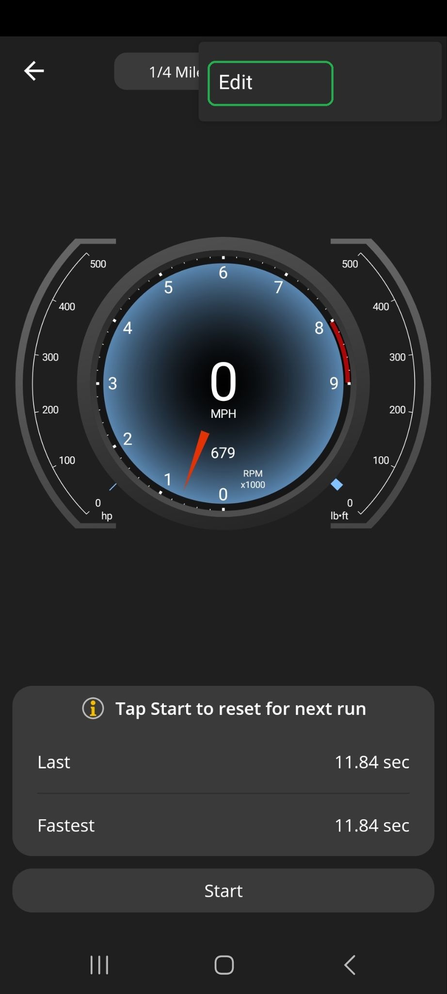 Android Performance screen showing the 0 to 60 mph tab menu option list. The Edit option is highlighted.