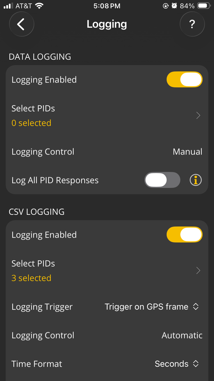 iOS screen showing Logging preferences options.