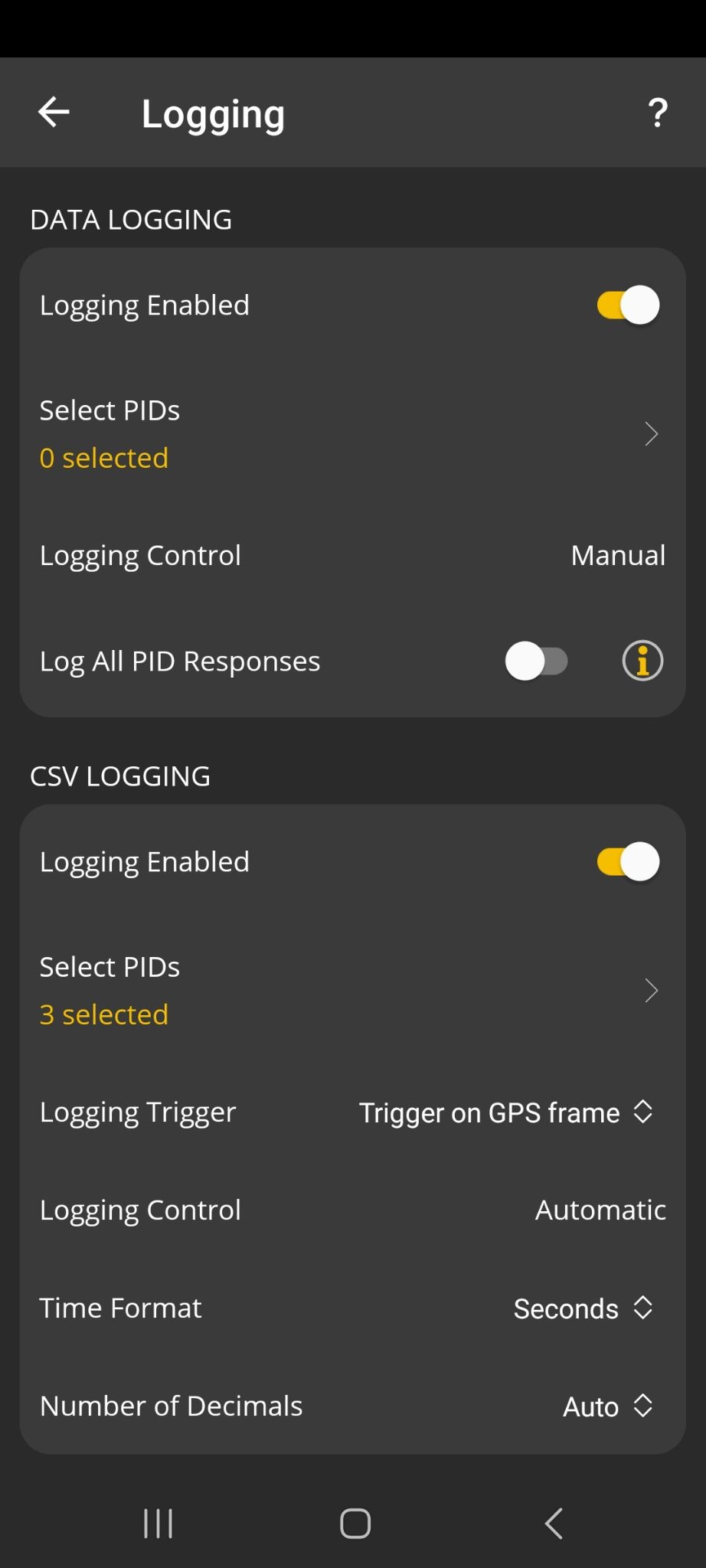 Android screen showing Logging preferences options.